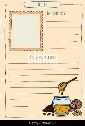 Recipe page template with space for photo and text. Cookbook. Vector illustration of honey, walnuts and raisins. Stock Vector
