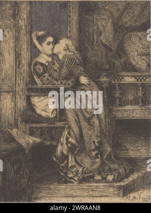 Girl gives a kiss on the cheek to a girl sitting in a high chair. The two girls are daughters of Guy (Gwijde) de Dampierre. The Flemish lion is depicted on the girls' dresses., print maker: Albrecht de Vriendt, after own design by: Albrecht de Vriendt, 1869, paper, etching, height 159 mm × width 121 mm, print Stock Photo