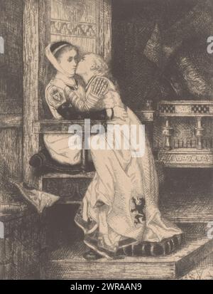 Girl gives a kiss on the cheek to a girl sitting in a high chair. The two girls are daughters of Guy (Gwijde) de Dampierre. The Flemish lion is depicted on the girls' dresses., print maker: Albrecht de Vriendt, after own design by: Albrecht de Vriendt, 1869, paper, etching, retroussage, height 160 mm × width 120 mm, print Stock Photo