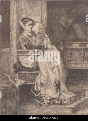 Girl gives a kiss on the cheek to a girl sitting in a high chair. The two girls are daughters of Guy (Gwijde) de Dampierre. The Flemish lion is depicted on the girls' dresses., print maker: Albrecht de Vriendt, after own design by: Albrecht de Vriendt, 1869, paper, etching, height 160 mm × width 120 mm, print Stock Photo