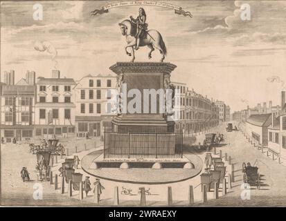 View of the monument with the statue of Charles I, King of England at Charing Cross, The Brass Statue of King Charles ye 1st at Charring Cross (title on object), Views of buildings in London (series title), London Described; or Perspective Views and Elevations of Noted Buildings (series title), print maker: Sutton Nicholls, after drawing by: Sutton Nicholls, John Bowles, London, 1720 - 1731, paper, etching, engraving, height 343 mm × width 464 mm, print Stock Photo