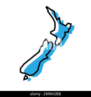 New Zealand country simplified map. Blue silhouette with thick black contour outline isolated on white background. Simple vector icon Stock Vector