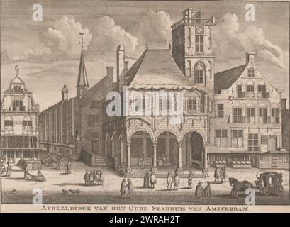 View of the Old Town Hall in Amsterdam, Image of the Old Town Hall of Amsterdam (title on object), The west side of Dam Square with from left to right a house on the Kalverstraat, Gasthuissteeg entrance, the Old Town Hall with the former Sint Elisabeth Gasthuis behind it . The date of the performance is approximately 1641., print maker: Nicolaas ten Hoorn, 1713, paper, etching, height 153 mm × width 209 mm, print Stock Photo