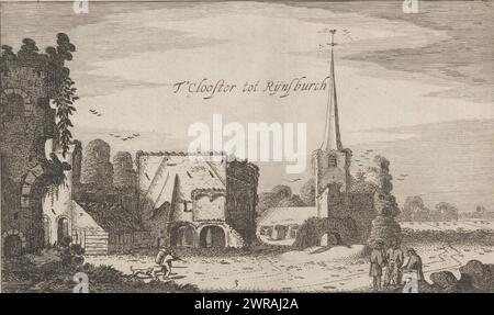 View of the church and ruins of the Rijnsburg Abbey, t'Clooster to Rijnsburch (title on object), Views of Dutch castles (series title), print maker: Jan van de Velde (II), publisher: Robert de Baudous, Amsterdam, 1616, paper, etching, height 136 mm × width 225 mm, print Stock Photo