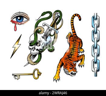 Old school Tattoo set. Snake in the skull, dagger, chain and tiger in rock style. Engraved hand drawn vintage retro sketch for notebook or logo or t Stock Vector