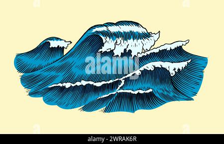 Atlantic tidal waves. Vintage old engraved hand drawn labels. Marine and nautical or sea, ocean in Japanese style for banner, background or poster Stock Vector