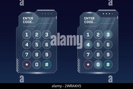 HUD digital futuristic user interface PIN code entry panel set. Sci Fi high tech protection glow screen GUI or FUI concept. Game menu authorization numeric password keypad. Unlock keyboard dashboard Stock Vector
