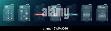 HUD biometric id set. Digital user recognition GUI or FUI interface. Person security verification PIN code entry panel. Human identity scanner and number touching dashboard. Vector protection screen Stock Vector