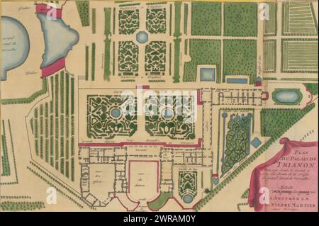 Plan of the Grand Trianon with gardens, Plan du Palais de Trianon (title on object), Plan of the Palace of the Grand Trianon with its gardens, located in the gardens of the Palace of Versailles. Print is part of an album., print maker: anonymous, publisher: Pieter Mortier (I), unknown, print maker: Northern Netherlands, publisher: Amsterdam, The Hague, 1685 - 1712, paper, etching, height 221 mm × width 330 mm, height 536 mm × width 320 mm, print Stock Photo