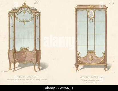 Two display cabinets, Vitrine Louis XV / Vitrine Louis XVI (title on object), L'ameublement / Collection Simple (series title on object), Two display cabinets in the styles of Louis Print from 310th Livraison., print maker: Chanat, printer: Monrocq, publisher: weduwe Eugène Maincent, Paris, 1895, paper, height 276 mm × width 359 mm, print Stock Photo