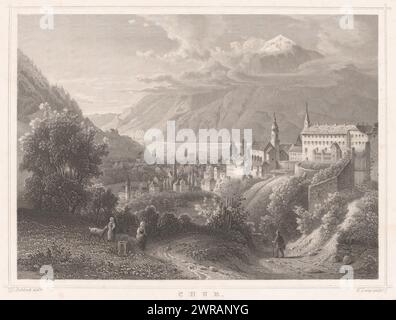 View of Pfäfers and the Monastery of Pfäfers, Dorf und Kloster Pfaeffers / Village and cloister of Pfäffers (...) (title on object), print maker: Joseph Maximilian Kolb, after drawing by: Ludwig Rohbock, 1834 - 1893, paper, steel engraving, height 242 mm × width 152 mm, print Stock Photo