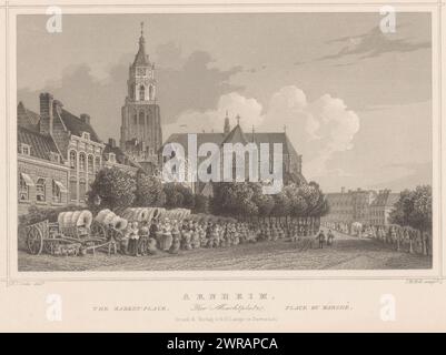 View of the market in Arnhem, Arnheim. The market-place / Der Marktplatz / Place du marché (title on object), print maker: Joseph Maximilian Kolb, after drawing by: William John Cooke, publisher: Gustav Georg Lange, Darmstadt, 1863, paper, steel engraving, height 154 mm × width 215 mm, print Stock Photo