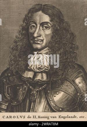 Portrait of King Charles II of England, Portrait of King Charles II of England with a one-line caption: 'Carolus the II, King of Englandt, etc'., print maker: anonymous, 1674, paper, engraving, height 117 mm × width 164 mm, print Stock Photo