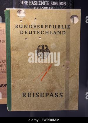 A 'fake' West German passport used by the Stasi on display in the permanent exhibition, Berlin-Hohenschönhausen Memorial, Berlin, Germany. Stock Photo
