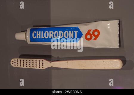 Chlorodont 69 prisoner toothpaste (1970s) and toothbrush on display in the permanent exhibition, Berlin-Hohenschönhausen Memorial, Berlin, Germany. Stock Photo