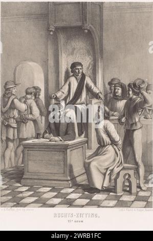 Judiciary in the fifteenth century, Court hearing 15th century (title on object), The judge sits on a high chair, in front of him a clerk. The prisoner sits on a stool on the right. He has a rope around his neck that is being held by a man. His hands are tied behind his back. Prisoners are being led away on the left., print maker: David van der Kellen (1827-1895), printer: Emrik & Binger, Haarlem, 1857 - 1864, paper, height 375 mm × width 285 mm, print Stock Photo