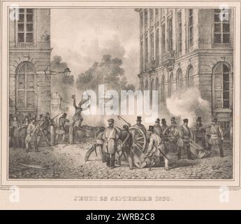 Fighting at the Warande Park in Brussels, 1830, Bruxelles (title on object), Jeudi 23 septembre 1830 (title on object), Prints added to the series Evénemens de Bruxelles, Anvers (...) (1831) (series title), Belgian rebels behind a barricade at the Warande Park in Brussels on September 23, 1830. Behind one of the cannons stands Jean-Joseph Charlier (Jambe de Bois)., print maker: Jean-Louis Van Hemelryck, printer: Jean Baptiste Ambroise Marcellin Jobard, Brussels, 1830 - 1831, paper, height 222 mm × width 254 mm, print Stock Photo