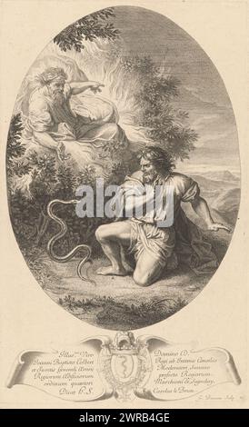 God appears to Moses in the burning bush, print maker: François Bonnemer, after design by: Charles Le Brun, Charles Le Brun, France, 1648 - 1689, paper, etching, engraving, height 433 mm × width 266 mm, print Stock Photo