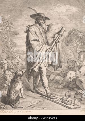 Musette player with puppetry, print maker: Jacques Dumont, (signed by artist), after own design by: Jacques Dumont, (signed by artist), France, 1739, paper, etching, height 387 mm × width 286 mm, print Stock Photo