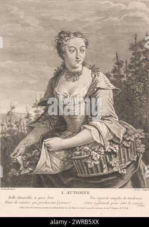 Personification of autumn, L'automne (title on object), Four Seasons (series title), print maker: A.J. Defehrt, after painting by: Rosalba Carriera, publisher: Nicolas de Larmessin (III), print maker: France, publisher: Paris, 1733 - 1755, paper, etching, engraving, height 312 mm × width 229 mm, print Stock Photo