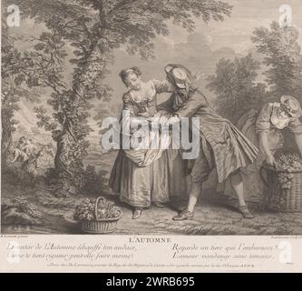 Autumn, L'Automne (title on object), The four seasons (series title), Les Quatre Saisons (series title), The vintage: harvesting the grapes. In the foreground a man tries to embrace a woman., print maker: Nicolas de Larmessin (III), after painting by: Nicolas Lancret, M. Roy, publisher: Paris, France, 1745, paper, etching, engraving, height 336 mm × width 381 mm, print Stock Photo