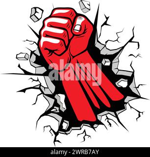 Red fist punched through stone wall. Vector on transparent background Stock Vector