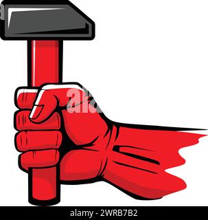 Red hand hold hammer. Template for Labour day, May worker holiday. Vector on transparent background Stock Vector