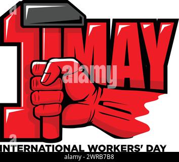 Red hand hold hammer. Labour day, May worker holiday. Vector on transparent background Stock Vector