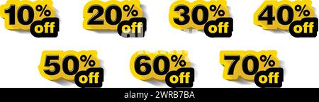 Percent off stickers set. Discounts numbers from 10% to 70%. Vector on transparent background Stock Vector