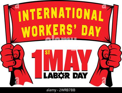 May Day propaganda poster. Hands holding a red banner with congratulations on International Workers Day. Vector template on transparent background Stock Vector