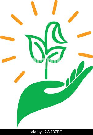 Hand hold plant sprout. Vector icon on transparent background Stock Vector