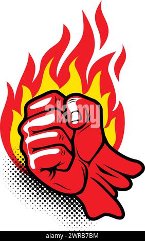 Flaming red fiery fist. Clenched fist in burning fire. Vector on transparent backgriund Stock Vector