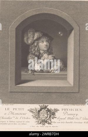 Boy blowing soap bubbles, Le petit physicien (title on object), print maker: Johann Georg Wille, after painting by: Caspar Netscher, publisher: Johann Georg Wille, Paris, 1761, paper, engraving, etching, height 248 mm × width 183 mm, print Stock Photo