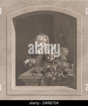 Boy blowing soap bubbles, L'observateur distrait, print maker: Johann Georg Wille, after painting by: Caspar Netscher, after painting by: Frans van Mieris, (rejected attribution), Paris, 1766, paper, engraving, etching, height 287 mm × width 224 mm, print Stock Photo