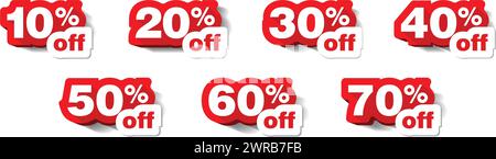 Percent off stickers set. Discounts numbers from 10% to 70%. Vector on transparent background Stock Vector