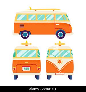 Surf Van All Views Isolated Flat Stock Vector
