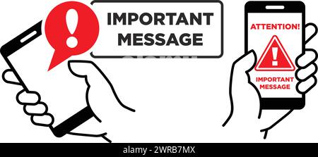 Notification with exclamation sign on the smartphone screen. Important message or reminder. Vector on transparent background Stock Vector