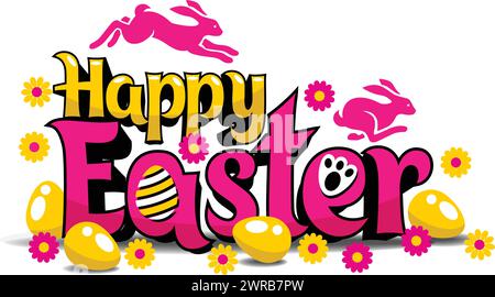 Happy Easter greeting banner with bunnies and eggs. Vector poster, header for website on transparent background Stock Vector