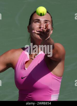 March 11, 2024 Aryna Sabalenka serves against Emma Raducanu of Great Britain during the BNP Paribas Open in Indian Wells, CA. Charles Baus/CSM Stock Photo