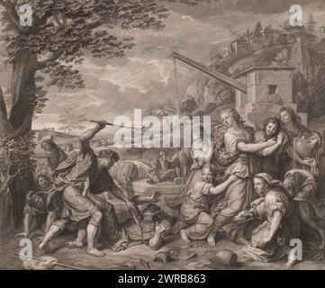 Moses defends the daughters of Reuel (Jethro), print maker: Benoît Audran (I), after painting by: Charles Le Brun, Franse kroon, print maker: France, publisher: Paris, 1671 - 1721, paper, etching, engraving, height 559 mm × width 671 mm, print Stock Photo