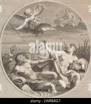 Amor robs the thunderbolt of Jupiter, Les peintures de Charles le Brun et d'Eustache Le Sueur qui sont dans (...) la maison du Président Lambert (series title), Amor has robbed Jupiter of his eagle and thunderbolt. Jupiter is left empty-handed on a cloud. Amor descends to earth, where a river god and river goddesses look up. On the left a lion and a panther. after the painting in the Cabinet de l'Amour of the Hôtel Lambert. Print is part of a series of prints after the paintings in the Hôtel Lambert in Paris., print maker: Nicolas de Beauvais, after drawing by: Bernard Picart Stock Photo