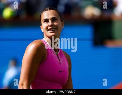 March 11, 2024 Aryna Sabalenka in action against Emma Raducanu of Great Britain during the BNP Paribas Open in Indian Wells, CA. Charles Baus/CSM Stock Photo