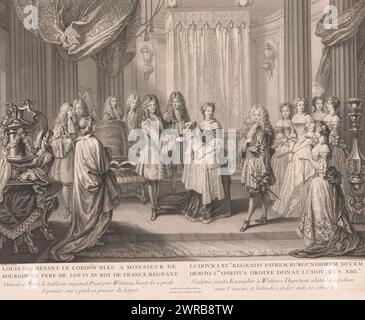 Louis XIV of France decorates the Duke of Burgundy with the blue ribbon of the Order of the Holy Spirit, print maker: Nicolas de Larmessin (III), after painting by: Jean Antoine Watteau, 1729, paper, etching, engraving, height 368 mm × width 465 mm, print Stock Photo