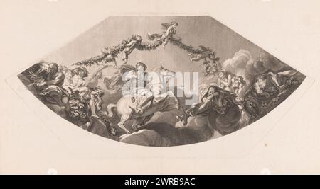 Ceiling decoration with man on horseback and sleeping Bacchantes, Ceiling decoration with allegorical scene (series title), print maker: anonymous, after painting by: Le Brun, Franse kroon, France, 1600 - 1699, paper, etching, engraving, height 316 mm × width 677 mm, print Stock Photo