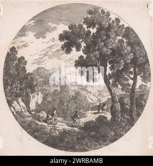 Mountain landscape with trees, numbered top right: 1., print maker: Nicolas Perelle, print maker: Adam Perelle, print maker: Gabriel Perelle, 1613 - 1695, paper, etching, height 129 mm × width 126 mm, print Stock Photo