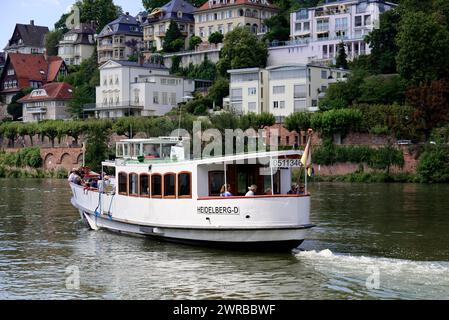 Close-up view of a boat on the water (Neckar), with passengers and a name plate, Heidelberg, Baden-Wuerttemberg, Germany Stock Photo