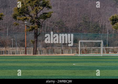 Empty soccer field with a single goal post and trees in the background, in South Korea Stock Photo