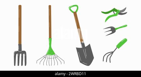 Garden tools and accessories set white background. Pitchfork rake and shovel. For website gardeners store banner. Vector illustration. Stock Vector