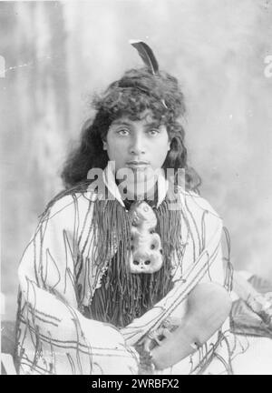 Susan, Rotorua, JM 175., Head-and-shoulders portrait of Maori woman from Rotorua, New Zealand, in traditional clothing., between 1890 and 1920, Maori (New Zealand people), Women, New Zealand, Rotorua, 1890-1920, Photographic prints, 1890-1920., Portrait photographs, 1890-1920, Photographic prints, 1890-1920, 1 photographic print Stock Photo