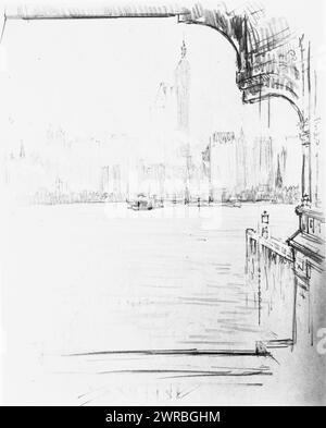New York from Jersey Ferry House, New York City. View from under dark arched structure across water to New York skyscrapers, many blowing smoke, tall dark pointed building in center towering above others, reddish ship on water., Pennell, Joseph, 1857-1926, artist, between ca. 1904 and 1908, New York (State), New York, 1900-1910, Cityscape drawings, 1900-1910., Cityscape drawings, 1900-1910, Drawings, 1900-1910, 1 drawing on brown paper: crayon, pencil, sheet 32 x 25.5 cm Stock Photo